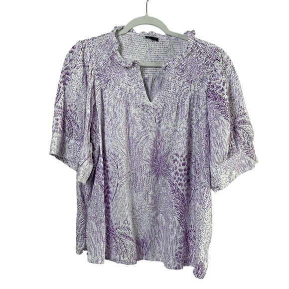 Talbots Smocked Top Plus Petite 2XP Purple White Blissful Meadow Floral Linen - Picture 1 of 9